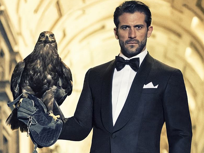 model wearing formal suit holding hawk on his hand