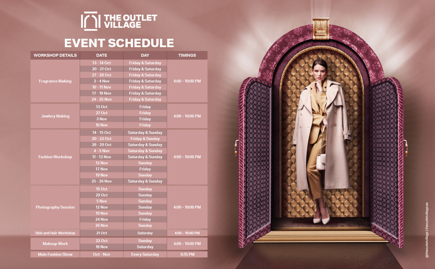 The Outlet Village’s schedule of events includes perfume and jewelry making, fashion workshops, photography, and more